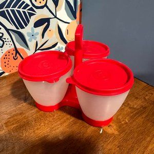 3 piece Vintage TUPPERWARE red condiment caddy set with lids and holder